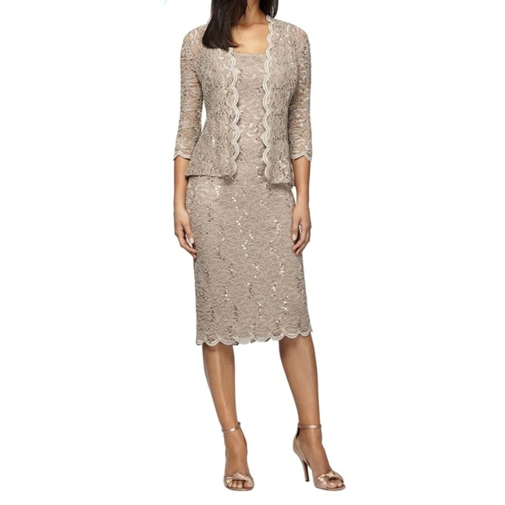 NWT Alex Evenings Sheath Dress With  Lace Jacket Champagne Sequins Size 16